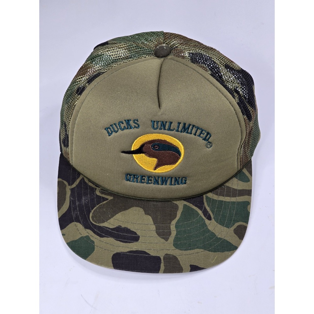 Vtg DUCKS UNLIMITED GREENWING Patch Camo Mesh Snap Back Trucker Baseball Hat Cap